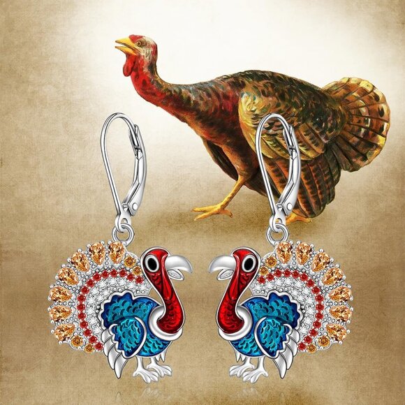 Christmas Sterling Silver Style Turkey Earrings Women's Dangle Jewelry - Picture 4 of 9
